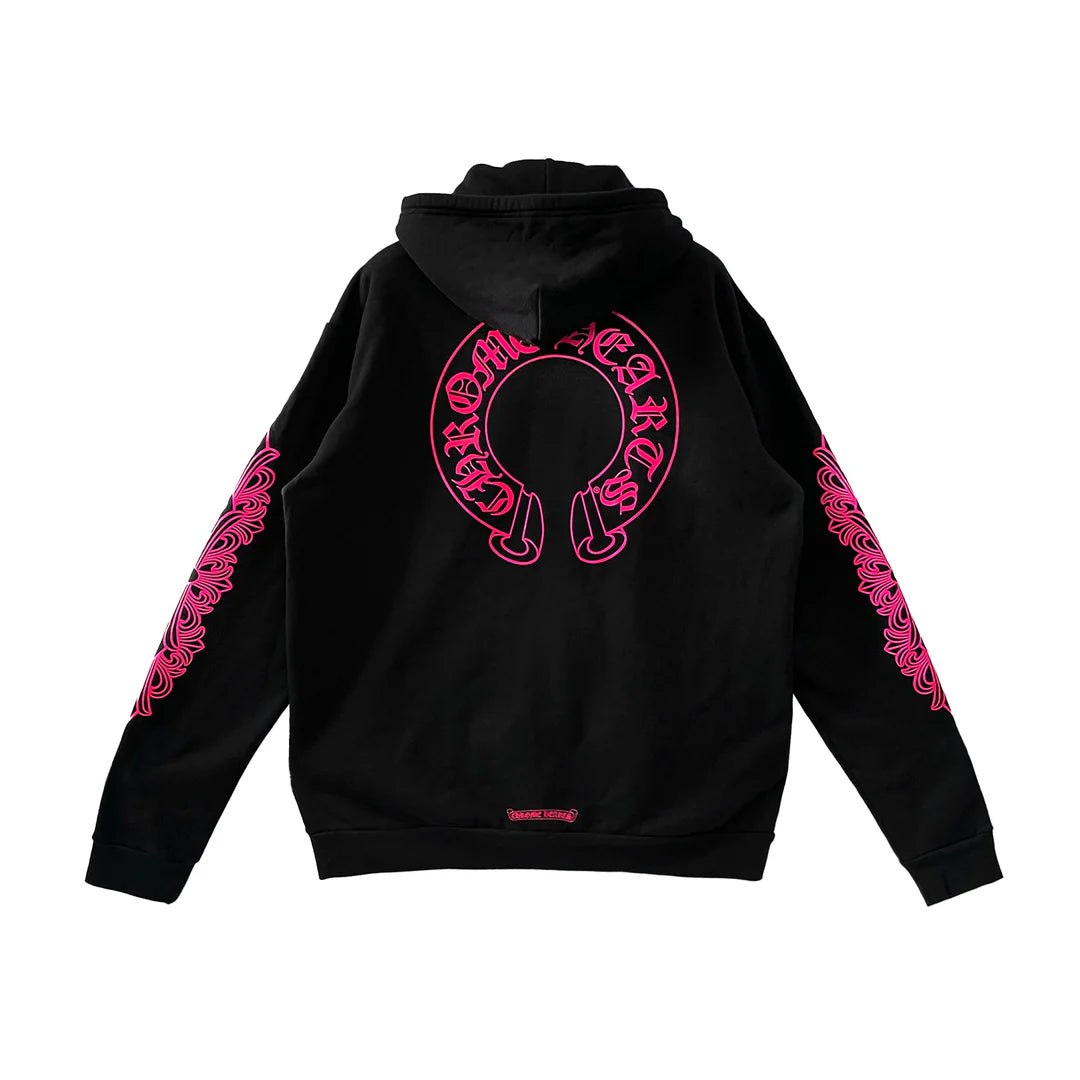 Floral Horseshoe Zip-Up Hoodie Black/Pink