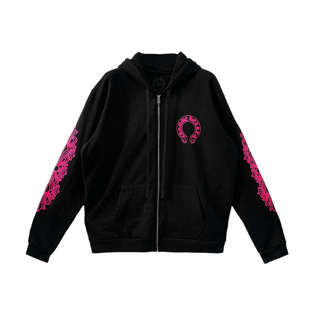 Floral Horseshoe Zip-Up Hoodie Black/Pink
