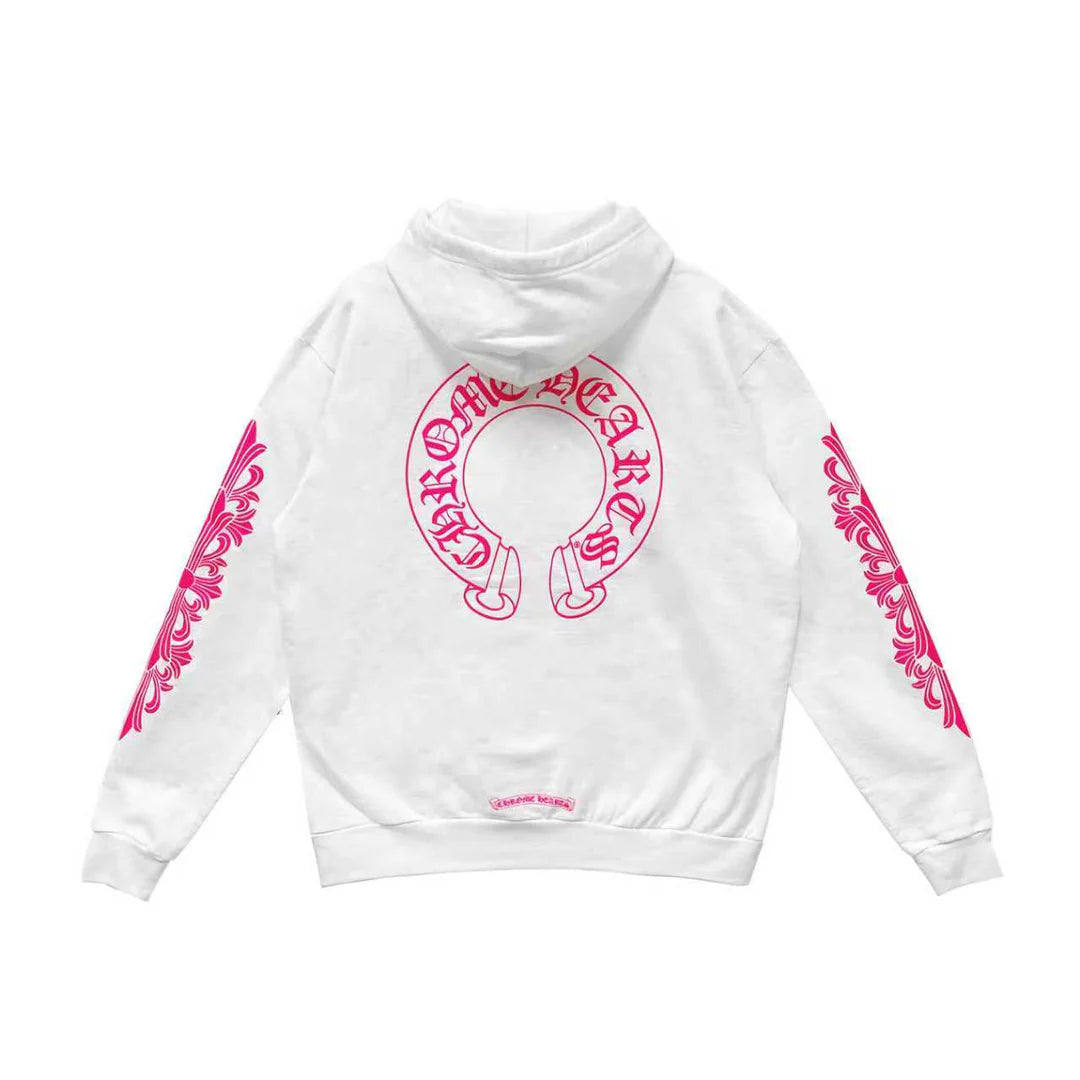 Floral Horseshoe Pull Over Hoodie White/Pink