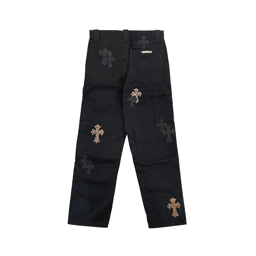 Leopard & Black Leather Cross Patch Carpenter Pants