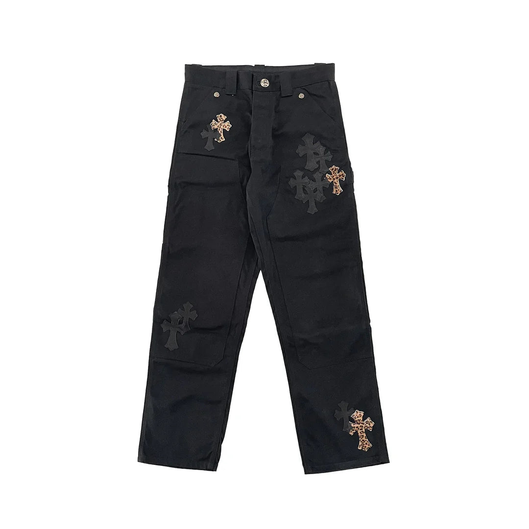 Leopard & Black Leather Cross Patch Carpenter Pants