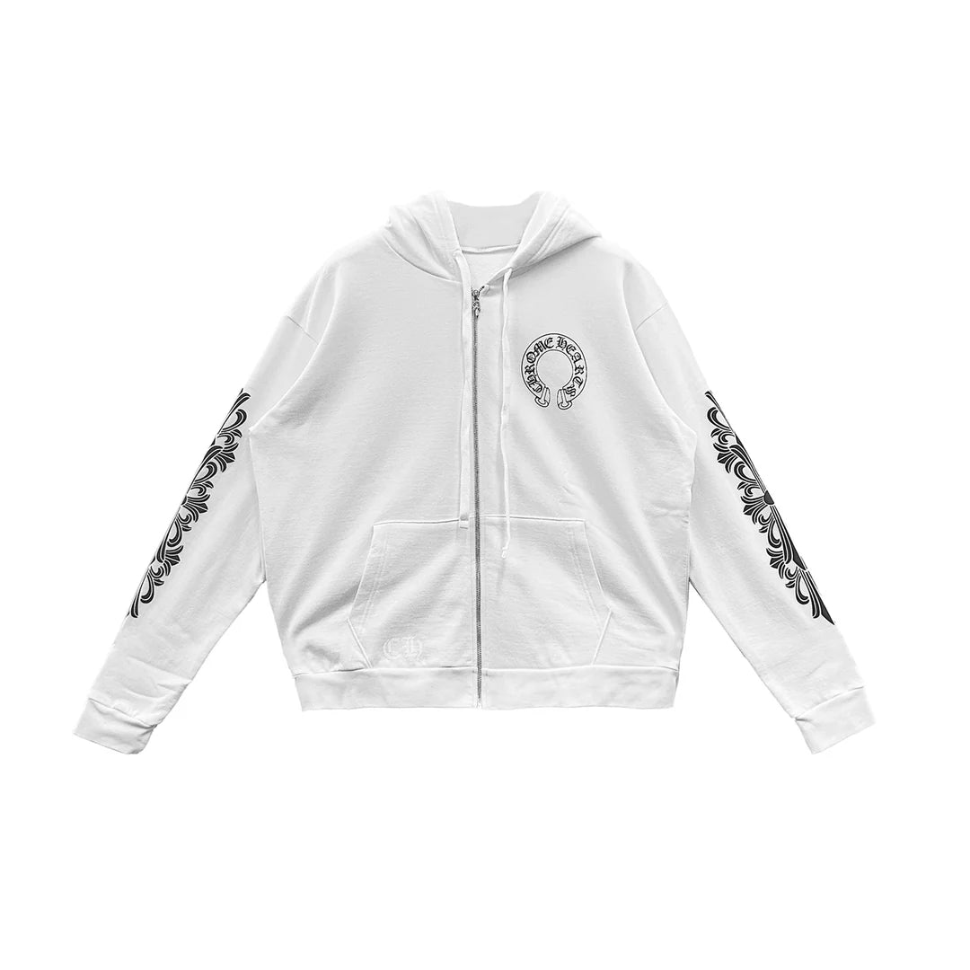 Floral Horseshoe Zip-Up Hoodie White