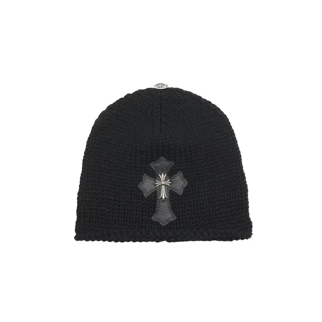 Knit Leather Patch & Silver Cross Beanie