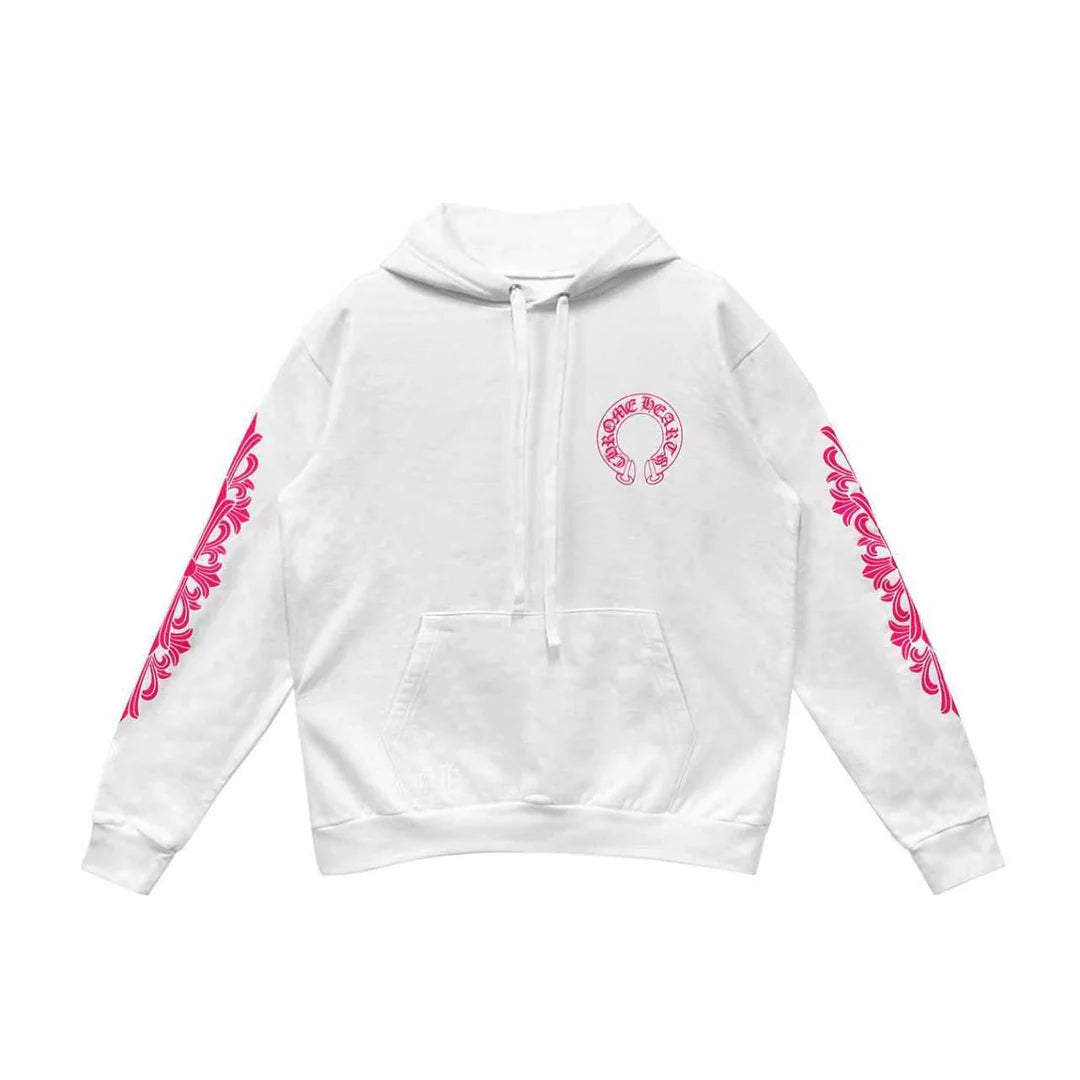 Floral Horseshoe Pull Over Hoodie White/Pink