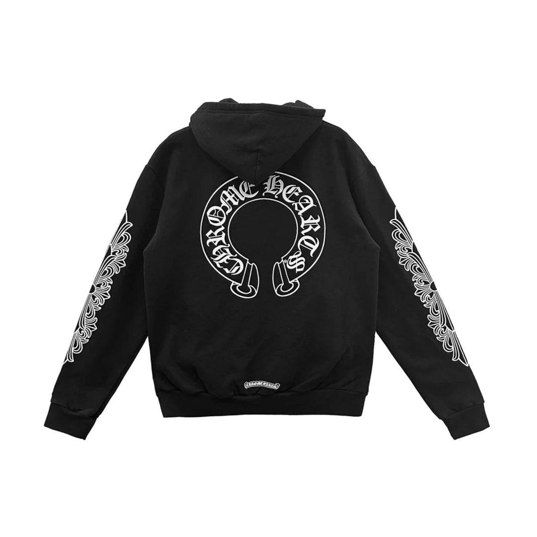 Floral Horseshoe Zip-Up Hoodie Black