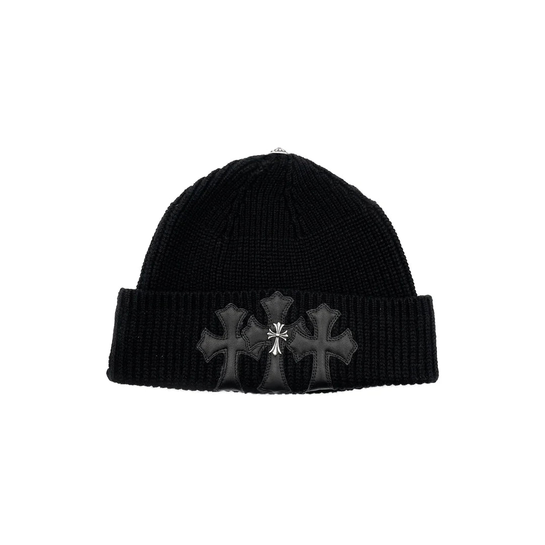 Knit Leather Triple Cross Patch & Silver Cross Beanie