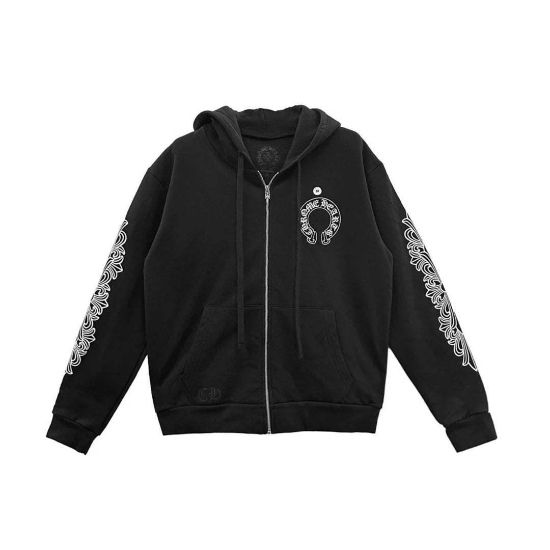 Floral Horseshoe Zip-Up Hoodie Black